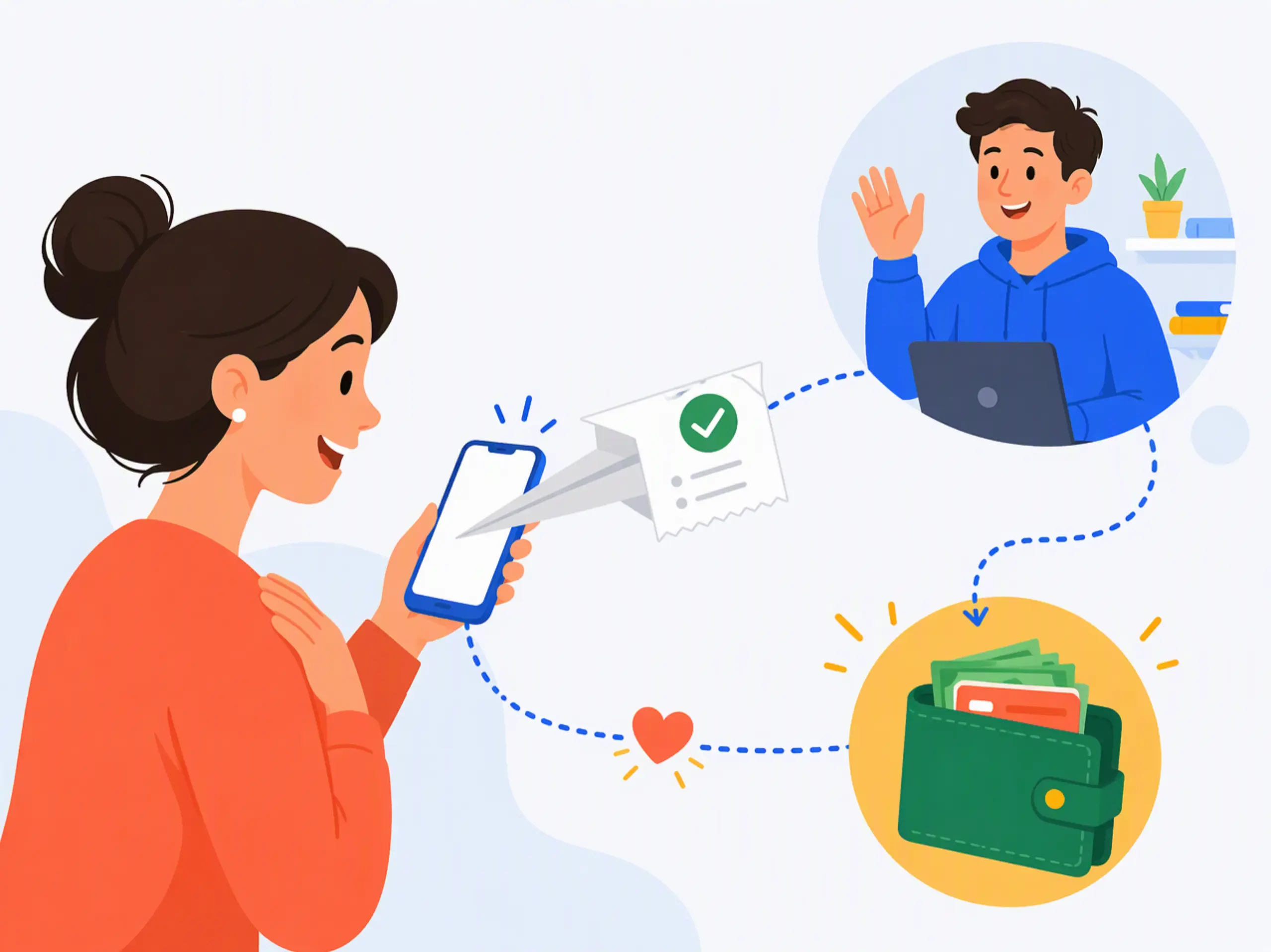 Чек с зелёной галочкой вылетает из смартфона бумажным самолётиком и летит по пунктирной траектории к довольному родителю с кошельком, репетитор машет с другой стороны